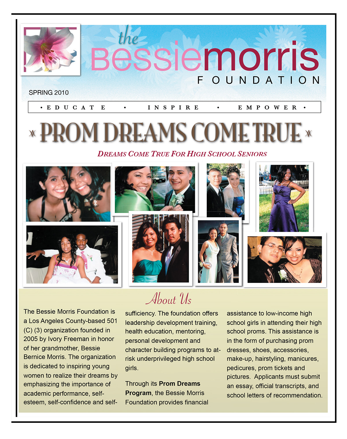 Bessie Morris Foundation newsletter Spring 2010 edition