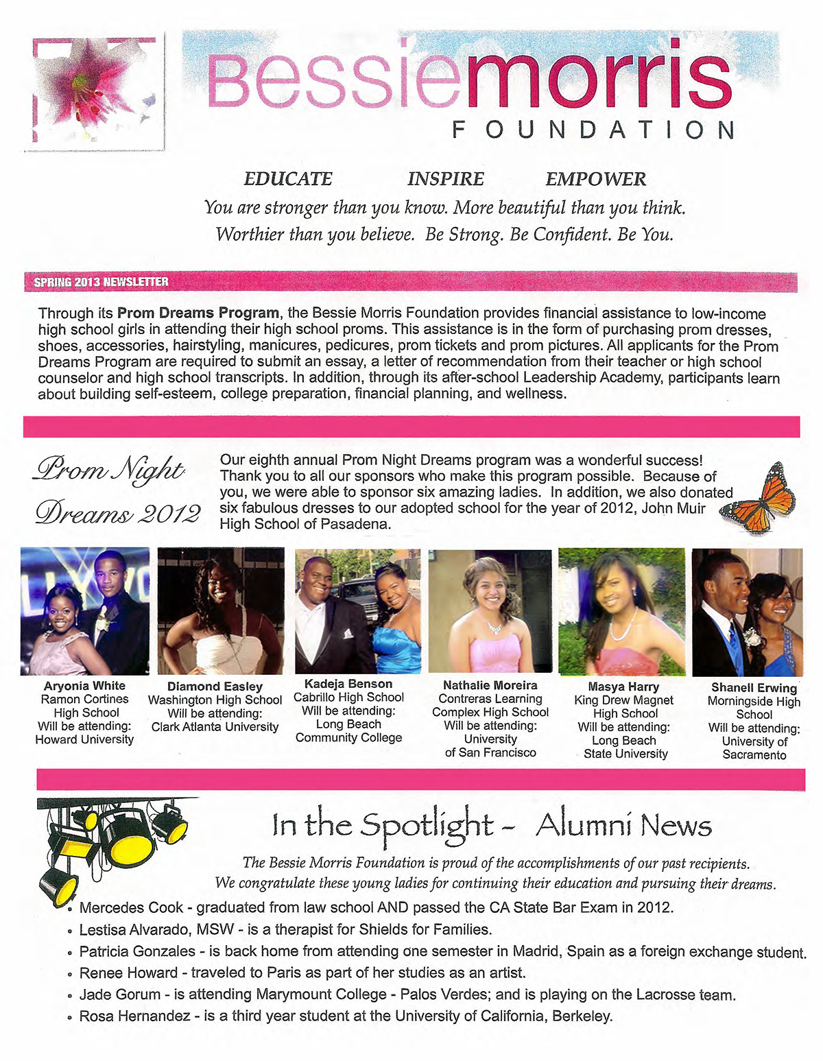 Bessie Morris Foundation newsletter Spring 2013 edition